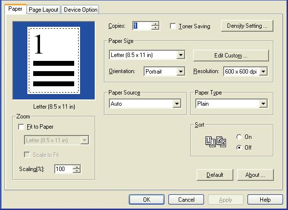 3.3 Paper tab The Paper tab is used for setting paper destination and printing. 3.3.1 Zoom You can zoom (enlarging and scaling-down) data two ways: NOTE: Zoom settings are not available whenever the Combine setting on the Page Layout tab is active.