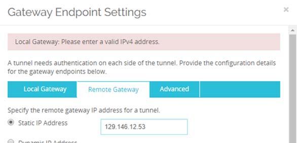 4. On the Local Gateway tab, for the Specify the gateway ID for tunnel authentication select By IP Address and specify the IP address.