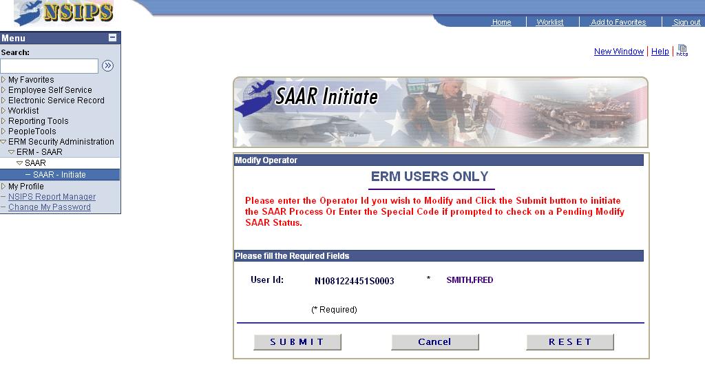 Figure 3-46 SAAR Initiate ERM USERS ONLY Page 1. Submit Click the Submit button.