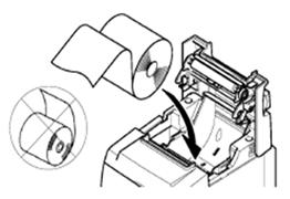 Set the roll paper slot into the roll paper groove and then pull the leading edge of the paper toward the front of the printer, leaving some excess to hang over the front of the printer. 8.