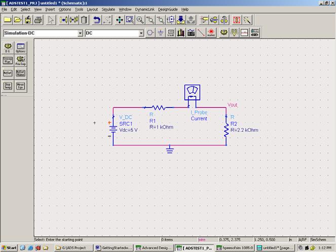 ADS Startup Tutorial v2 Page 4 of 17 3. DC Analysis/Simulation Figure 4: Voltage Divider Circuit Setup Figure 4 shows the proper layout of the circuit we will be simulating.