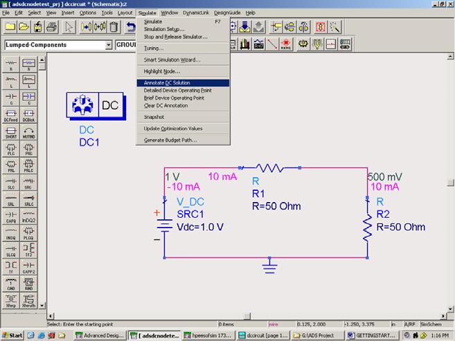 ADS Startup Tutorial v2 Page 9 of 17 Tick Mark on component DC Values Figure 10: Displaying DC Values directly on Schematic The following section describes how to work with Transient