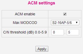3 Adaptive Modulation and Coding Figure 16 ACM settings of the Station-1 Figure 17 ACM settings of the Station-2 The ACM settings form allows activating and configuring Adaptive Coding and Modulation