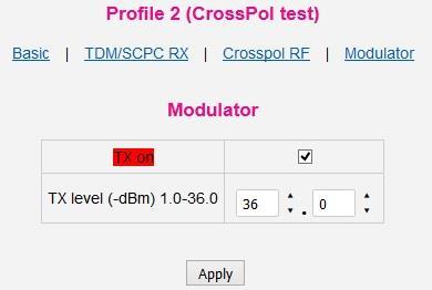 Apply the settings. 2. Run CrossPol test profile manually; Go to Profiles section in the Menu of command and press * in Run column to activate the CrossPol test profile.