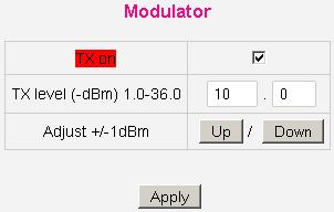4.8 MODULATOR Figure 17 Modulator TxOn Allows transmission on modulator. TX level Transmit level (set level) of modulator. Expressed in negative dbm.
