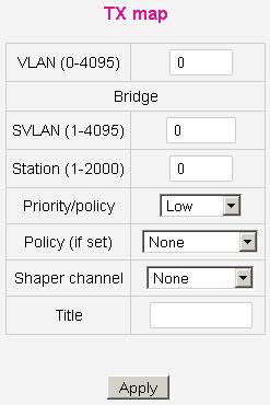 5.6 TX map Figure 31 TX map VLAN VLAN number or 0 for untagged. IP network IP network. Net mask Network mask in dotted (255.255.255.0) or classless (/24) notation. SVLAN SVLAN number.