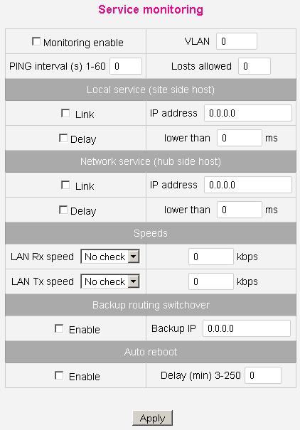 Figure 52 Service monitoring Monitoring enable Enable service quality monitoring. VLAN What VLAN to use for PINGs. PING interval Interval between sent PINGs.