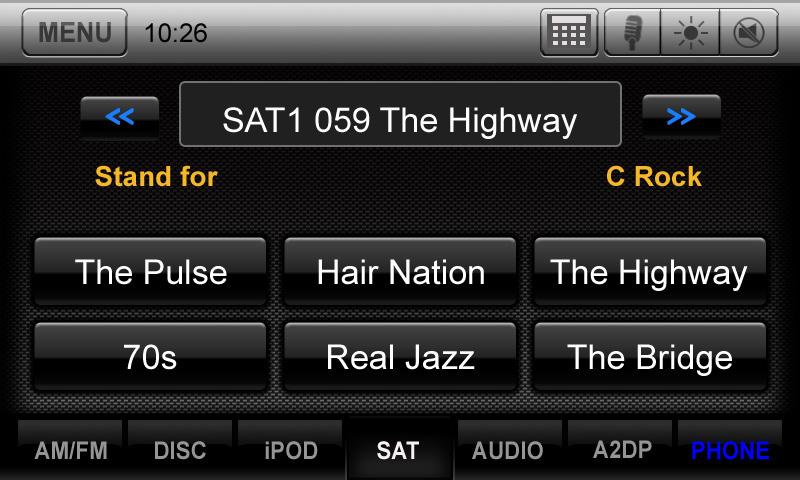Radio Channel Selection Short touch to seek previous and next available stations. Touch to scan. Each station will play for several seconds.