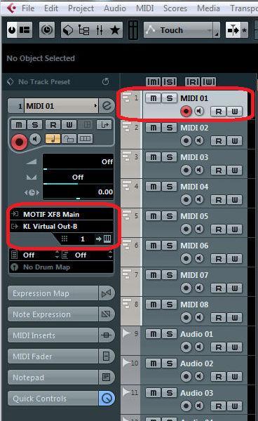 Setup the two recording midi tracks on Cubase: For midi track one, set like this, midi input Motif XF_ Main,