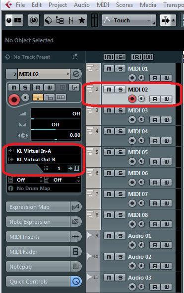 controllers (MW, pitch ): Set track two like this, Midi input KL Virtual In-A, Output KL Virtual Out-B,