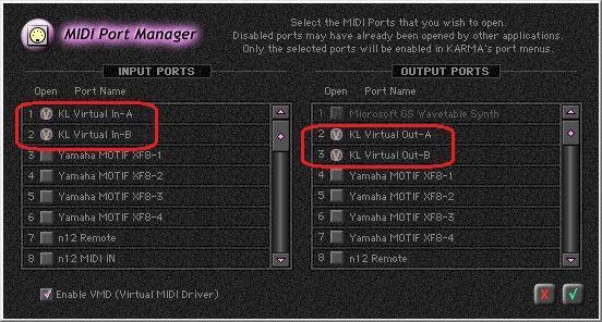 Window, click on Midi port Manager, KL Virtual A/B