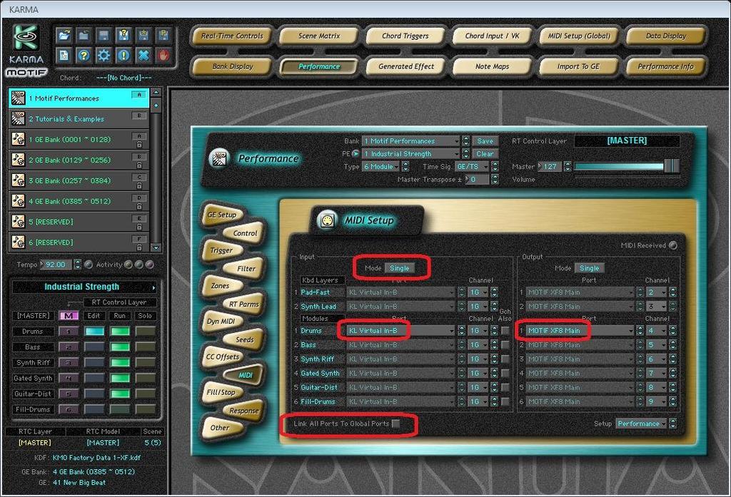 On the performance tab, select the performance you wish to record, in midi Window, unselect "Link all port as