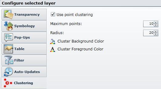 7. Set the Cluster Foreground Color: Sets the border and text color for the current layer s cluster. 8. To remove clustering uncheck Use point clustering. 9.