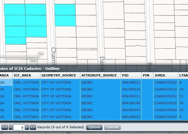 1. In the Map Contents menu turn on one of the Feature Access layers (ICIS Cadastre, Civic Address or BC Assessment Folios). 2.