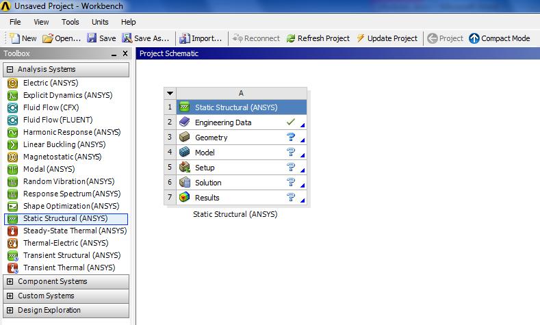 Double click Static Structural (ANSYS) to open the task manager for your problem set in the Project Schematic area. 2.