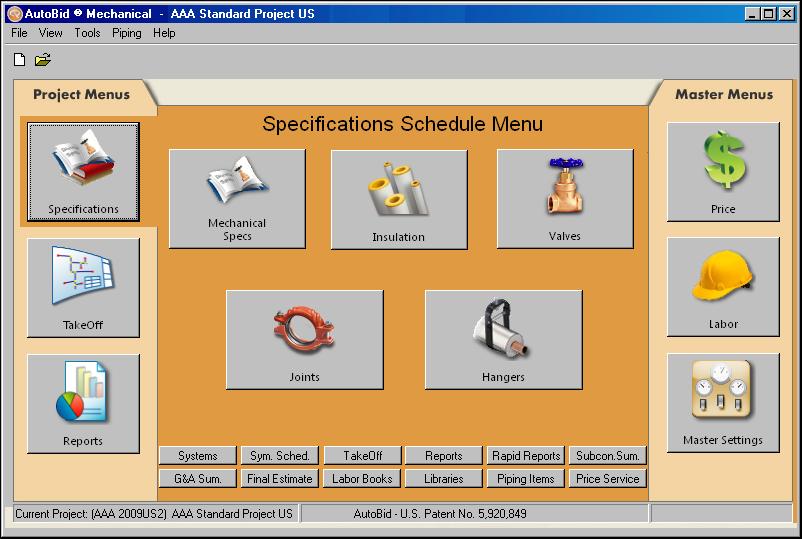 2 Navigation When you select one of the main access buttons, additional buttons pertaining to your selection display. The graphic below shows the Specification Schedule Menu.