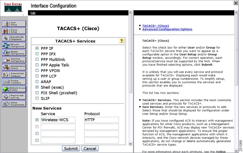 Importing Tasks Into ACS Chapter 15 Figure 15-4 TACACS+ Cisco IOS Interface Configuration Window Step 2 In the New Services portion of the window, add Wireless-WCS in the Service column heading.