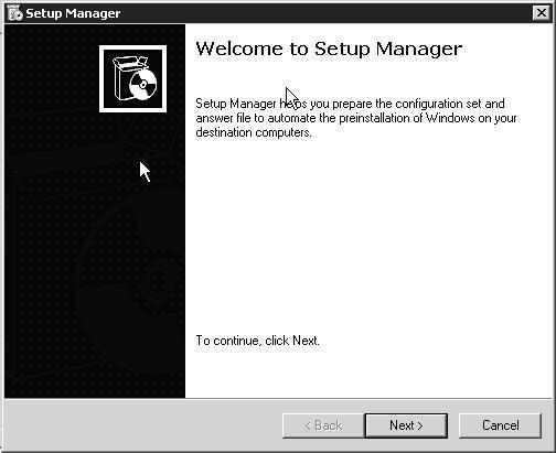 (2) Thi hành tập tin Setupmgr.exe (3) Hộp thoại Setup Manager xuất hiện, nhấn Next để tiếp tục. (4) Xuất hiện hộp thoại New or Existing Answer File.