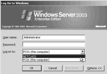 - Đến đây, bạn thấy hộp thoại Log on to Windows mà bạn dùng mỗi ngày có vài điều khác, đó là xuất hiện thêm mục Log on to, và cho phép bạn chọn một trong hai phần là: NETCLASS, This Computer.