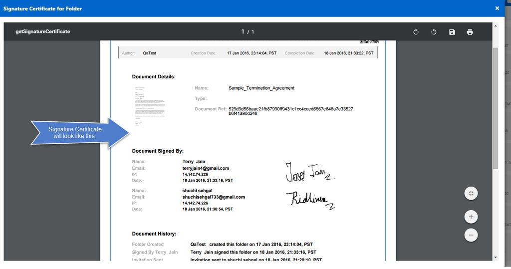 11. All parties can download the esignature certificate or email themselves a PDF copy of the signed document by selecting the download option under More Actions drop down menu.