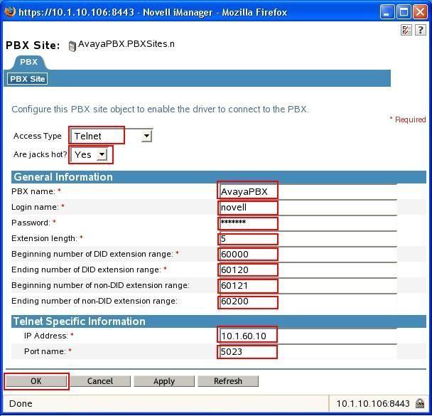 Step Description 6. Configure the PBX Site as shown below and click OK to complete. Access Type: Select Telnet. Are jacks hot: Set to Yes. PBX Name: Enter the same name as in Step 5.