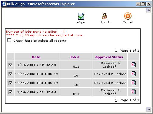 5. From this screen, clicking esign will esign the checked reports, and clicking UnLock will unlock the checked reports.