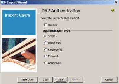 Using Identity Driven Manager Using the User Import Wizard a. To use the SSL authentication method, check the Use SSL checkbox. Note: To use SSL, ensure that your LDAP server supports SSL.