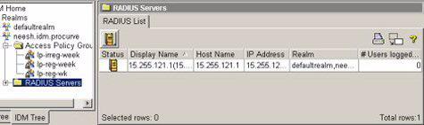 Getting Started IDM GUI Overview RADIUS Servers: Clicking the RADIUS Servers node displays the RADIUS List tab, with status and configuration information for each RADIUS Server in the Realm that