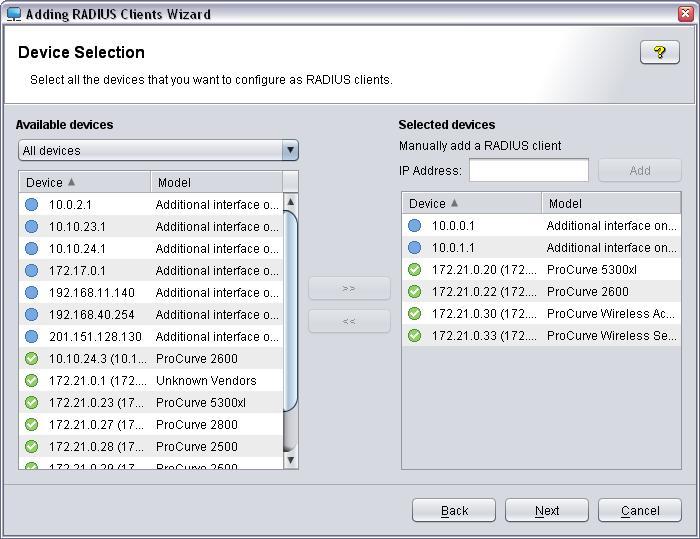 Using Identity Driven Manager Adding RADIUS Clients 4. Select the PCM switches to be configured as RADIUS clients on the selected RADIUS servers. Figure 3-47.