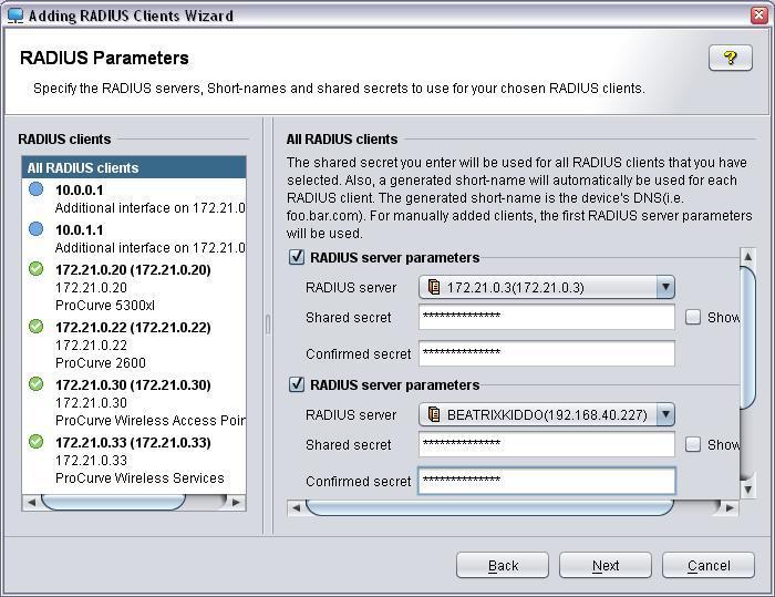 Using Identity Driven Manager Adding RADIUS Clients Figure 3-48. Add RADIUS Client Wizard, RADIUS Parameters To configure RADIUS parameters for a single client: a.