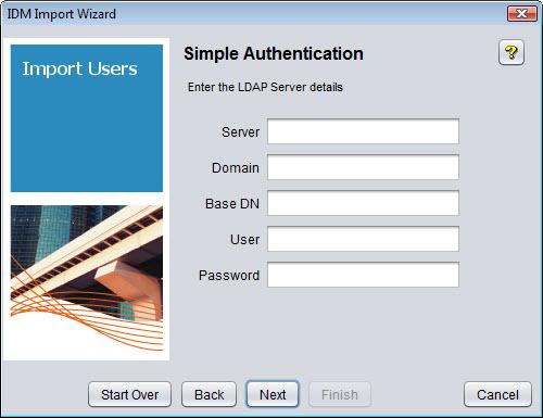 Using Identity Driven Manager Using the User Import Wizard Figure 3-60. IDM User Import Wizard, Simple Authentication To set up Simple authentication: 1.