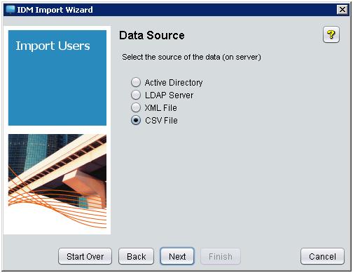 Using Identity Driven Manager Using the User Import Wizard 3. Click Next to continue to the Data Source selection window. Figure 3-69. Data Source 4.