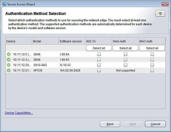 Using the Secure Access Wizard Using Secure Access Wizard Figure 4-4. Secure Access Wizard, Authentication Method Selection example 14. Click the check box to select the authentication method (802.
