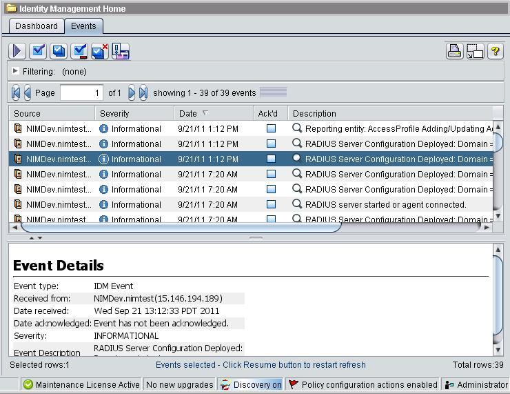 5 Troubleshooting IDM IDM Events The IDM Events window is used to view and manage IDM events generated by the IDM application or the IDM Agent installed on a RADIUS server.