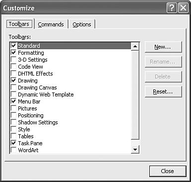 The most common ones, such as the Standard, Formatting, and Drawing toolbars are available from the start, while others, apt to be less used, are hidden from view until you select them.