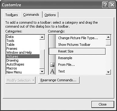 APPENDIX B CUSTOMIZING FRONTPAGE pdf:385 FIGURE B.5 Choose a category for the command type you want to add as a button to the toolbar.
