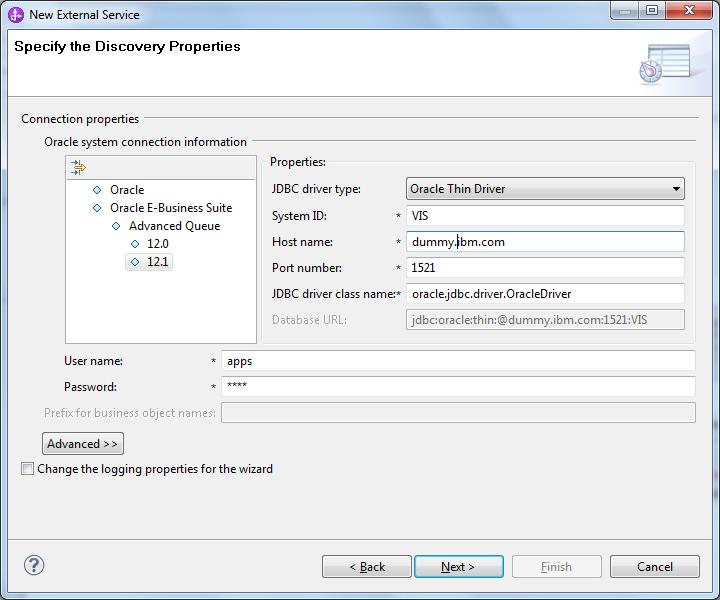 12. In the Specify the Discovery Properties window, select Oracle E-Business Suite > Advanced Queue. 13.