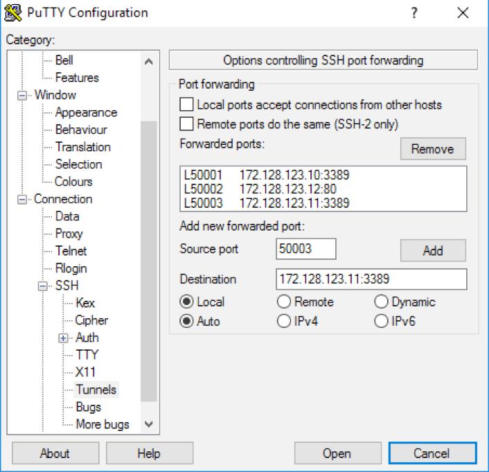 If your session already exists, Load it as shown below: STEP 2 Configure PuTTY for RDP In the Tunnels section in PuTTY, configure a specific Local port, such as 50001, that