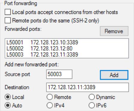 Please note that you may configure your ports for multiple servers simultaneously. Configuring a specific Local port such as 50002 will redirect to 80 of your destination server.