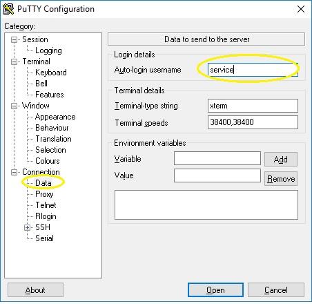 2) Navigate the Putty configuration to Session Terminal Window Connection Data and provide the Login details.