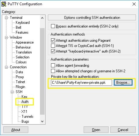 3) Upload the Private key file by navigate Putty configuration to Session Terminal Window Connection SSH Auth and click the browse