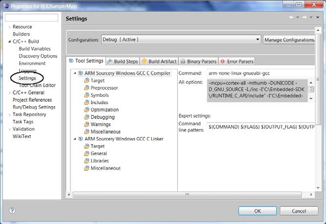 Embedded C Application Figure 67 Selecting Settings The Tool Settings tab lists all sections of the compiler and linker settings.