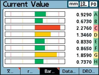 DRO view The display values appear in large, easy-toread numbers. Values outside the tolerance are color-coded, immediately notifying you of errors.