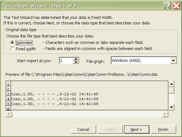 5.2 Text Import Wizard- Step 1 of 3 Once you open a.dat file from the CyberComm folder, a screen will appear. See Figure 23.
