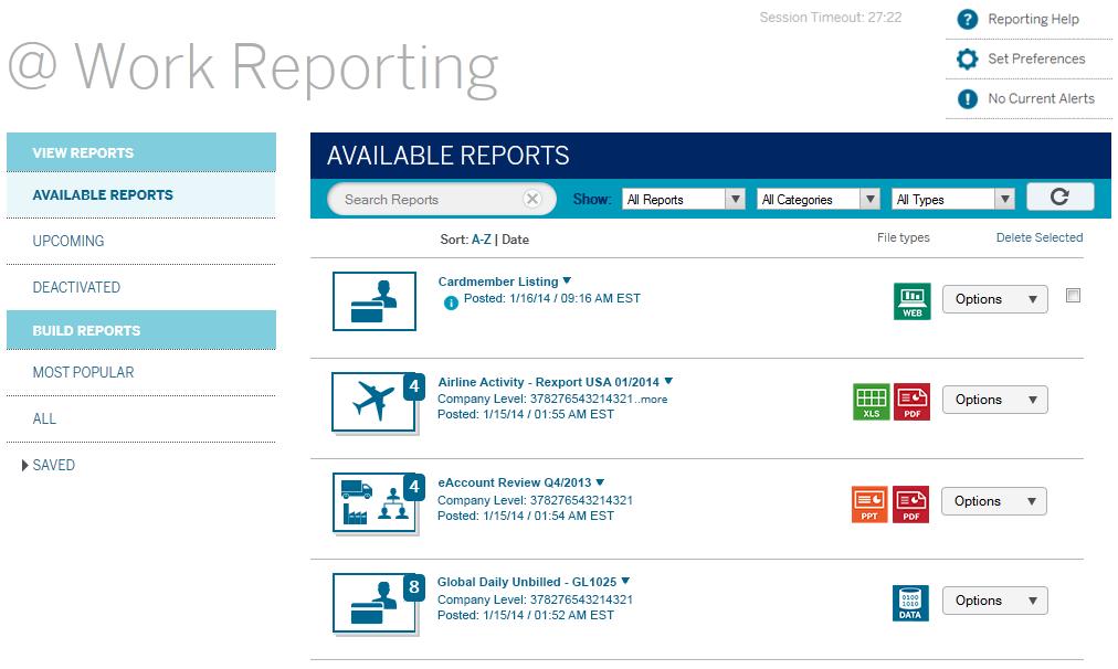 Basic Navigation The @ Work Reporting tool has an easy to use layout and a convenient left-hand navigation menu. VIEW REPORTS Available: All reports available for viewing.