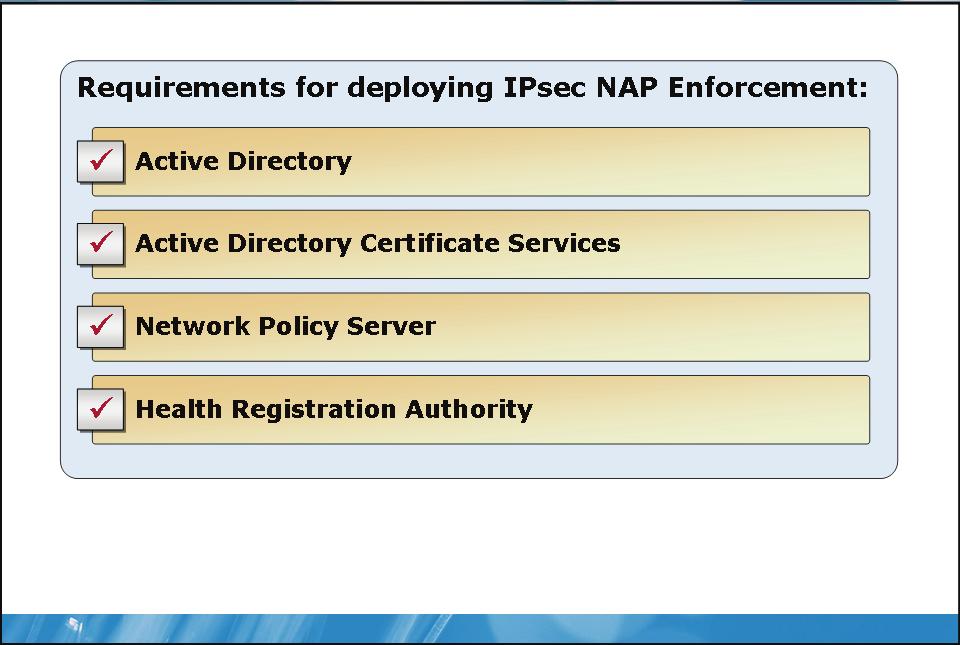 9-24 Configuring IPsec Requirements to Deploy IPsec NAP Enforcement To deploy NAP with IPsec and HRA, you must configure the following: In NPS, configure connection request policy, network policy,