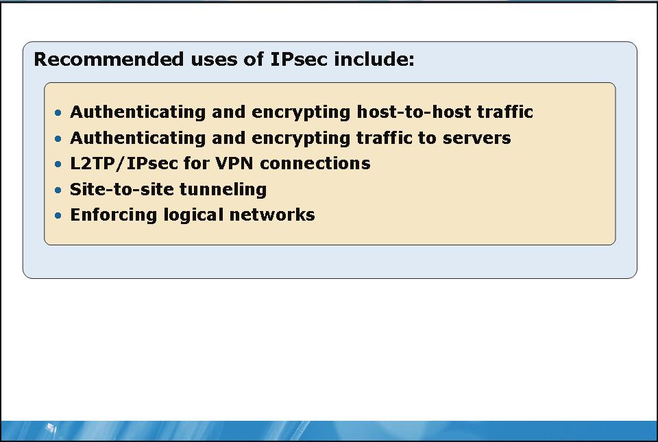 9-6 Configuring IPsec Recommended Uses of IPsec Some network environments are well suited to IPsec as a security solution and others are not.