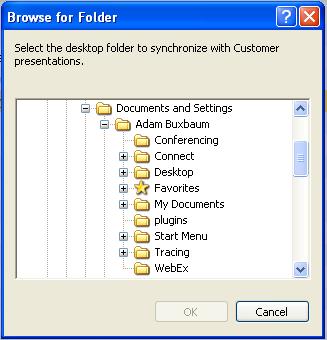 Once granted, the Browse for Folder dialog box will appear allowing the user to select the desktop folder that they want to pair
