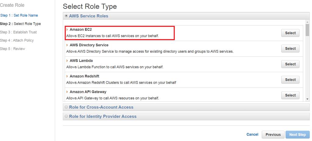 6. Select the Amazon EC2 role type in the Select Role Type page. 7. Select the required Amazon S3 Policy in the Attach Policy page. 8. Click Next Step. 9.