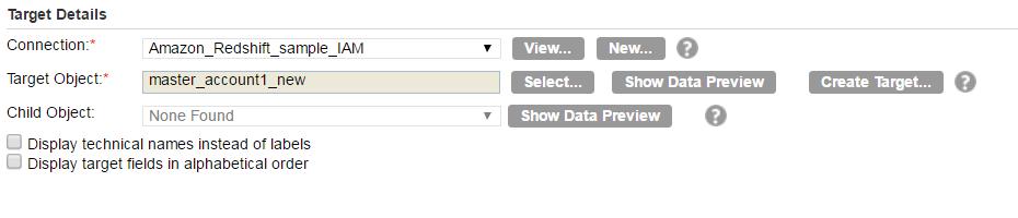 Provide source details to read data from the MySQL source. The following image shows sample source details: 7. Select Next. The Target tab appears. 8.